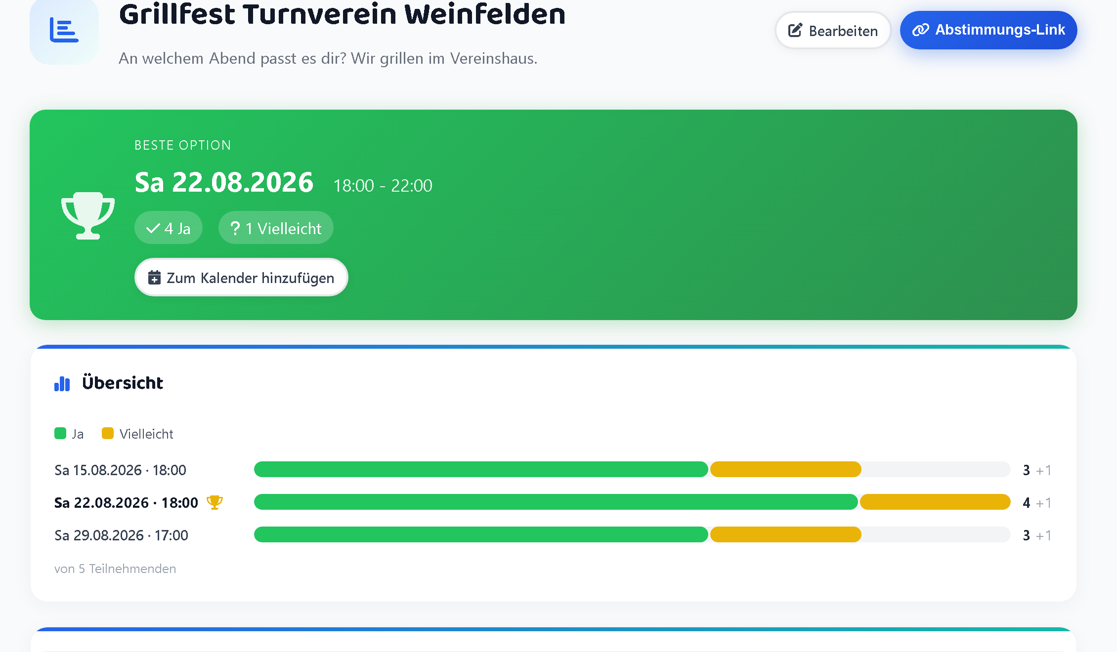 Ergebnis mit Balken-Übersicht, bester Option und Kalender-Export