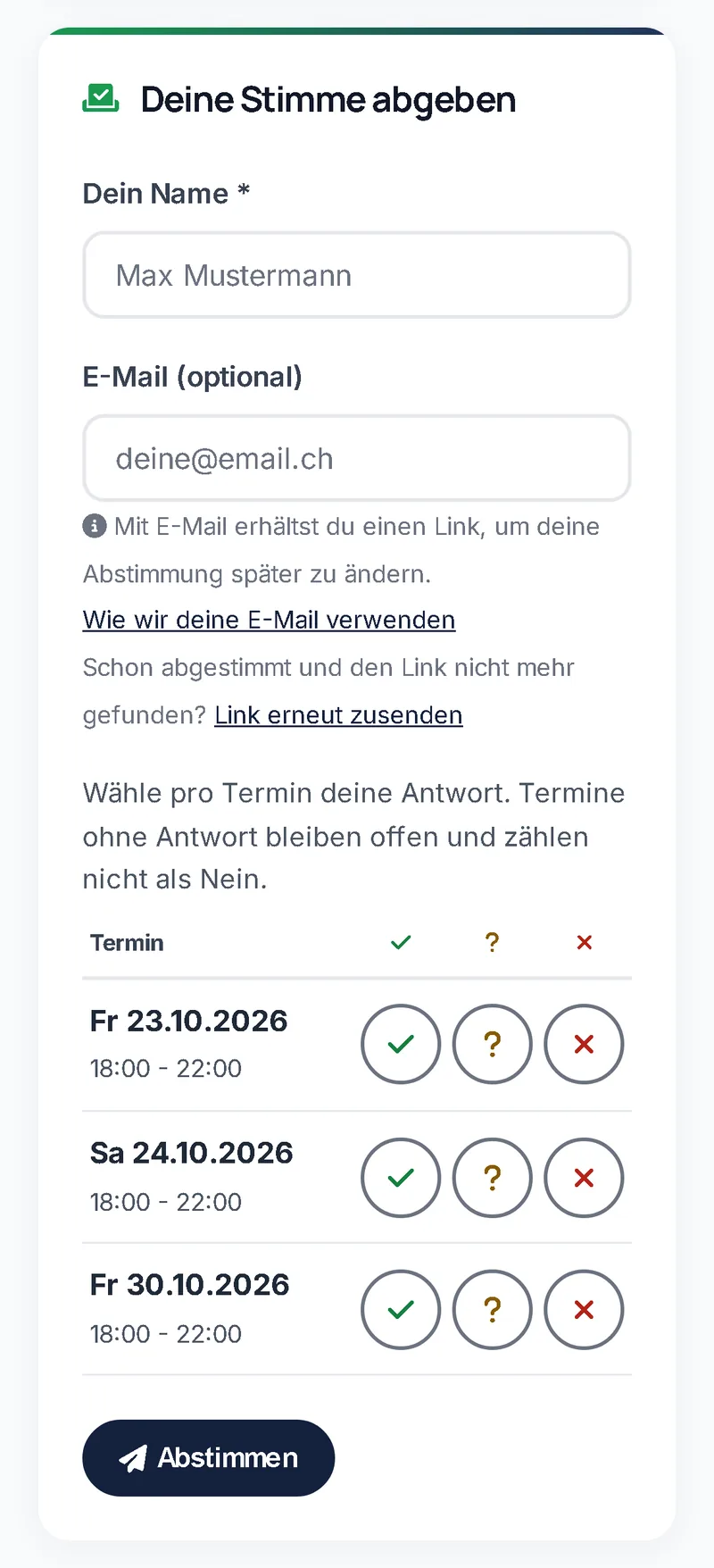 Scheduling poll on a phone: dates with the buttons Yes, Maybe and No
