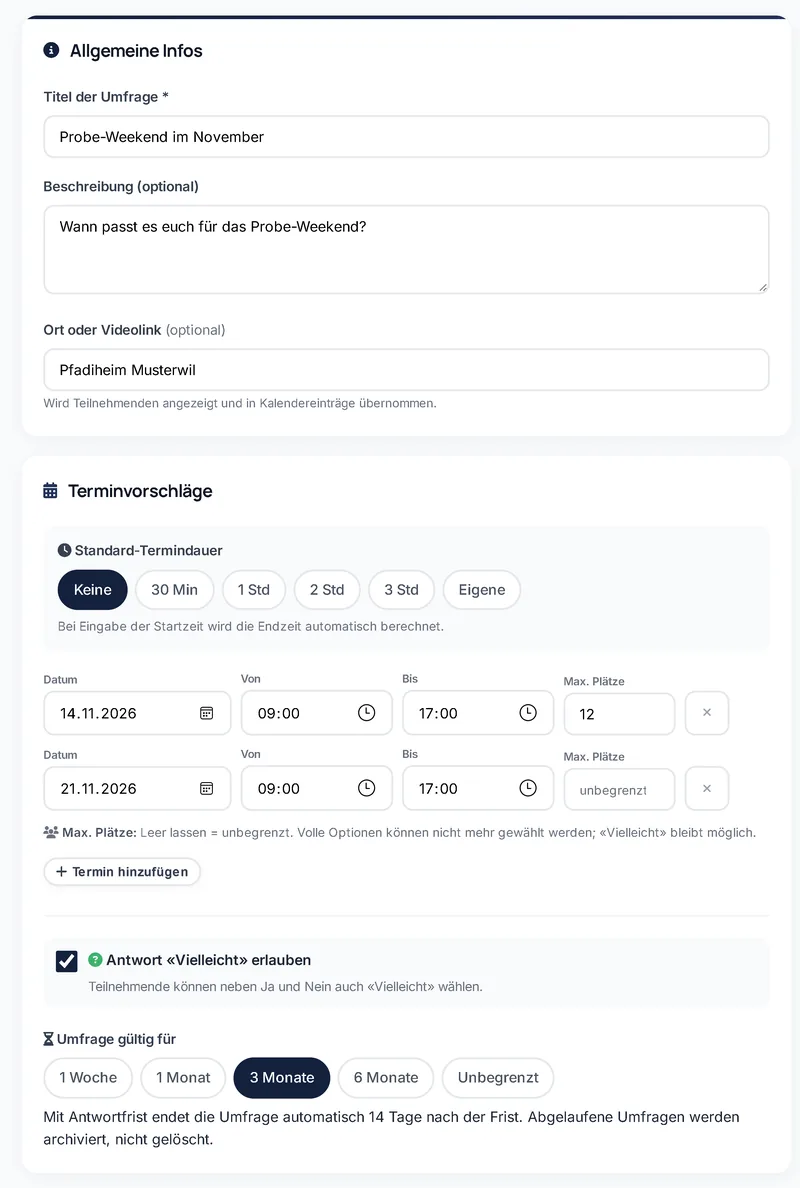 Form for creating a scheduling poll with title, location and two date options